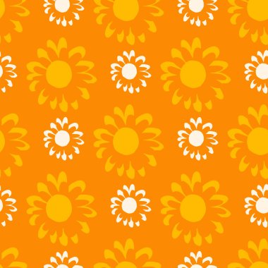 Bitki desenli küçük beyaz ve orta sarı çiçekler. Turuncu arka plan. Kumaş, tekstil, ambalaj kağıdı, duvar kağıdı için harika. Vektör illüstrasyonu.