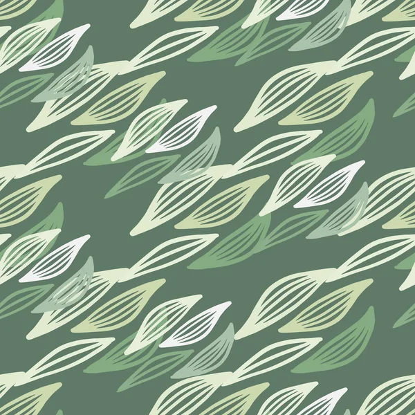 Kräuterkonturblätter Pastellfarben Auf Grünem Hintergrund Nahtloses Zufallsmuster Vektorillustration Trendiges Skandinavisches — Stockvektor