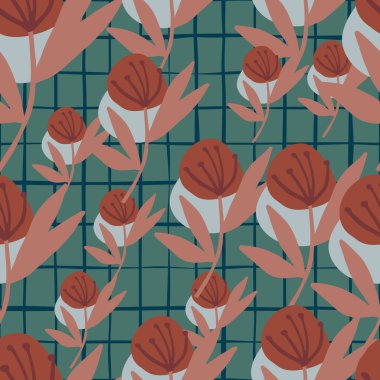 Karahindiba desenli rastgele bir desen. Yeşil kareli arka planda kırmızı çiçekler. Vektör çizimi. Tekstil, duvar kağıdı, ambalaj kağıdı, kumaş tasarımı için tasarlandı..