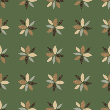 Soyut çiçeklerle kusursuz desen. Sonbahar tonları taç yaprağı ve yeşil arka plan. Botanik duvar kağıdı. Ambalaj kağıdı, tekstil, kumaş baskıları için kullanılabilir. Vektör illüstrasyonu.