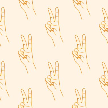 Zafer el işaretleri kusursuz. Açık arkaplanda turuncu siluet çizgisel bir çizgi var. El çizimi ifade jesti. Tekstil, ambalaj kağıdı ve kumaş baskısı için tasarlanmış. Vektör illüstrasyonu.
