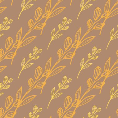 Bej ve turuncu renklerde elle çizilmiş çiçek tasarımı. Çapraz çizgileri olan kusursuz desen. Kumaş tasarımı için dekoratif zemin, tekstil baskısı, ambalaj, kapak. Vektör illüstrasyonu.