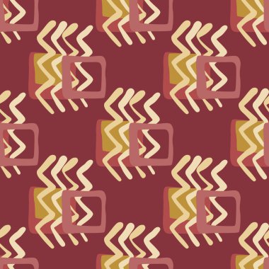 Burgonya arka planı ve sarı elementleri olan geometrik dikişsiz desen. Vektör çizimi. Çocuk kıyafetleri, ambalaj kağıdı, duvar kağıdı, tekstil baskısı.