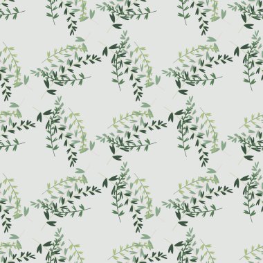 Açık gri arkaplanda yeşil renkli dalları olan kusursuz botanik deseni. Soluk tonlarda dizayn et. Moda kumaş tasarımı, ambalaj kağıdı, duvar kağıdı, tekstil baskısı. Vektör illüstrasyonu