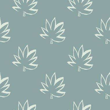 Pastel mavi arka planda beyaz kenevir yaprakları olan kusursuz bir desen. Esrar ana hatları siluet arka plan. Vektör kumaş tasarımı