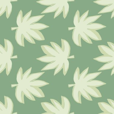 Pastel yeşil tonlarda kenevir yapraklı pürüzsüz desen. Botanik duvar kağıdı. Kumaş tasarımı için dekoratif zemin, tekstil baskısı, ambalaj, kapak. Vektör illüstrasyonu.