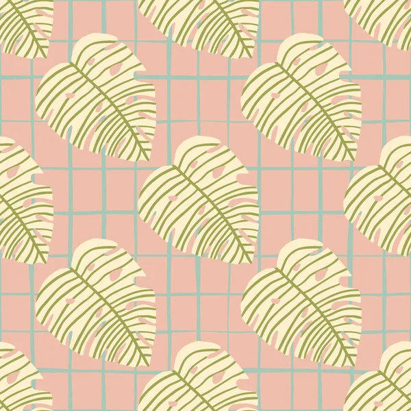 Padrão Botânico Pastel Com Folhas Monstera Verde Claro Fundo Chequered — Vetor de Stock