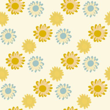 İzole edilmiş sarı ve mavi çiçekler, kusursuz desen. Beyaz arka plan. Parlak yaz tasarımı. Tekstil, ambalaj kağıdı ve kumaş baskısı için tasarlanmış. Vektör illüstrasyonu.