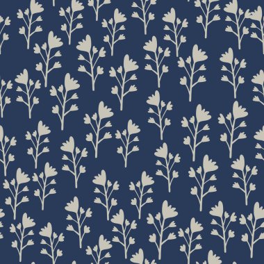 Çiçeksel elementler pürüzsüz desen oluşturuyor. Deniz mavisi arka plan, gri çiçekler ve dallar. Botanik arka planı. Ambalaj kağıdı, tekstil, kumaş baskısı ve duvar kağıdı için harika. Vektör illüstrasyonu.