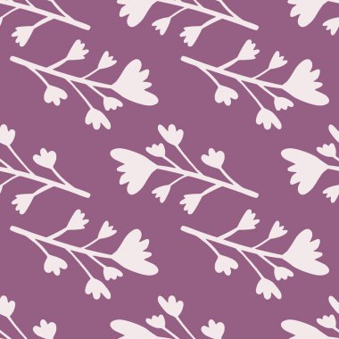 Çiçekli ve dallı çiçek desenli elementler. Hafif botanik süsüsüyle mor arkaplan. Duvar kağıdı, tekstil, ambalaj kağıdı ve kumaş baskısı için tasarlanmış. Vektör illüstrasyonu.