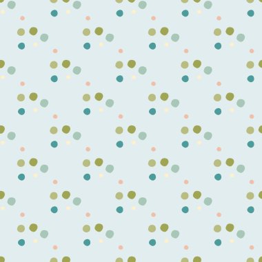 Geometrik polka noktasız desen. Yeşil renkli küçük daireler, pastel ışıklı arka planda mavi renkler. Kumaş tasarımı, tekstil, ambalaj, kapak, duvar kağıdı için yaratıcı baskı. Vektör illüstrasyonu.