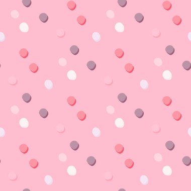Geometrik polka noktasız desen. Pembe arka planda beyaz, rozy ve mor elementler. Kumaş tasarımı için dekoratif zemin, tekstil baskısı, ambalaj kağıdı, kapak. Vektör illüstrasyonu.