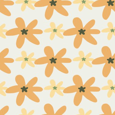 Çiçeksiz desenli, turuncu ve bej renkli küçük ve orta papatya çiçekleri. Kumaş, tekstil baskısı, ambalaj kağıdı ve duvar kağıdı için mükemmel. Vektör illüstrasyonu.