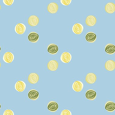 Sarı ve yeşil tonlarda elle çizilmiş spirallerle soyut geometrik desen. Açık mavi arkaplan. Paket kağıdı, duvar kağıdı, tekstil, kumaş baskısı. Vektör illüstrasyonu.