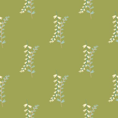 Sarı ve yeşil dalları olan çiçeksiz bir arka plan. Zeytin arkaplanı. Botanik arka planı. Moda kumaş tasarımı, ambalaj kağıdı, duvar kağıdı, tekstil baskısı. Vektör illüstrasyonu