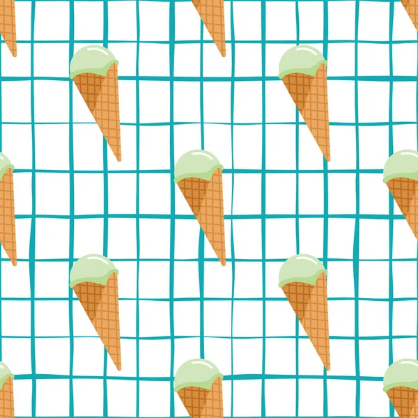 冰淇淋华夫饼锥形无缝图案 白色背景 蓝色支票 漂亮的设计 适用于包装纸 纺织品印花 织物等 矢量说明 — 图库矢量图片