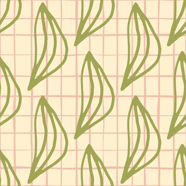 Зеленые Очертания Листочков Бесшовной Цветочной Схеме Розовый Клетчатый Фон Простой — стоковый вектор