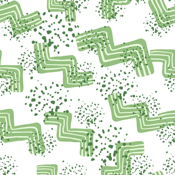 Seamless pattern with green zigzag elements and splashes. White background. Designed for textile prints, wallpaper, wrapping paper, kids clothes. Vector illustration.