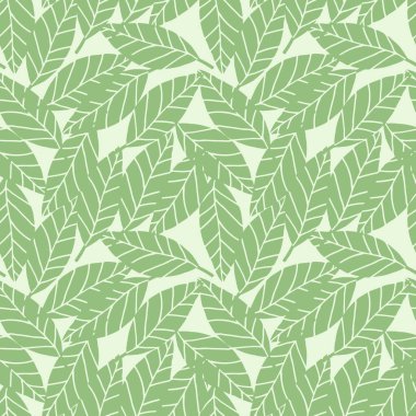 Beyaz arka planda yeşil yaprakları olan rastgele, pürüzsüz bir desen. Botanik arka planı. Ambalaj kağıdı, duvar kağıdı, tekstil baskısı ve kumaş için dekoratif tasarım.