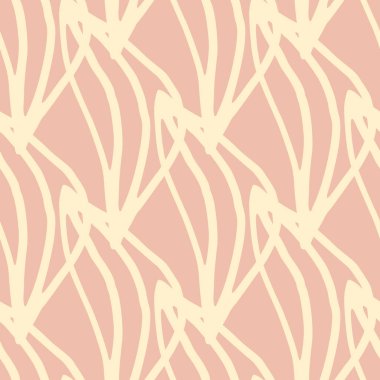 Bitkisel yapraklı, çiçeksiz desen. Pembe arka planda bej renkli bitkisel elementler. Kumaş, tekstil baskısı, ambalaj kağıdı için modern tasarım. Vektör illüstrasyonu