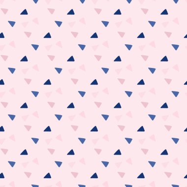 Üçgen şekiller kusursuz desenler. Pembe arka planda mavi ve eflatun geometrik elementler. Soyut tasarım. Kumaş tasarımı, tekstil baskısı, ambalaj için dekoratif zemin. Vektör illüstrasyonu