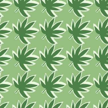 Yeşil renkli marihuana yapraklı pürüzsüz patten. Botanik duvar kağıdı. Kumaş tasarımı için dekoratif zemin, tekstil baskısı, ambalaj, kapak. Vektör illüstrasyonu.