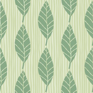 Pastel yeşil renkli yaprakları olan kusursuz botanik deseni. Şeritli beyaz arka plan. Çiçek arkaplanı. Ambalaj kağıdı, duvar kağıdı, tekstil baskısı ve kumaş için dekoratif tasarım.