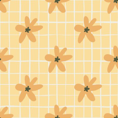 Turuncu papatya çiçekleri ile kusursuz yaz deseni. Pastel açık turuncu arka plan, tamam. Kumaş, tekstil baskısı, ambalaj kağıdı ve duvar kağıdı için mükemmel. Vektör illüstrasyonu.