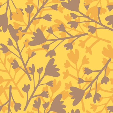 Rastgele yerleştirilmiş soyut dallar dikişsiz desen. Kahverengi siluetler turuncu arka planda. Duvar kağıdı, ambalaj kağıdı, tekstil baskısı, kumaş için dekoratif zemin. Vektör illüstrasyonu.