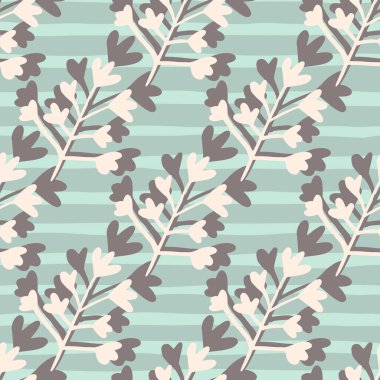 Beyaz ve kahverengi renkli soyut şekiller, kusursuz desenler. Şeritli mavi arka plan. Duvar kağıdı, ambalaj kağıdı, tekstil baskısı, kumaş için dekoratif zemin. Vektör illüstrasyonu.