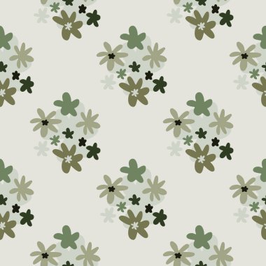 Kusursuz pastel soluk desenli papatya çiçekli siluetler. Açık gri arka plan, yeşil ve bej çiçekli süs. Duvar kağıdı, tekstil, ambalaj, kumaş baskısı için tasarlanmış. Vektör illüstrasyonu.