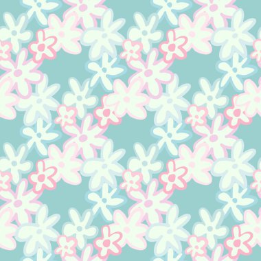 Papatya siluetleriyle desensiz çiçek deseni. Beyaz çiçekli yumuşak mavi arkaplan. Bahar arkaplanı. Duvar kağıdı, ambalaj, tekstil baskısı, kumaş için dekoratif baskı. Vektör illüstrasyonu.
