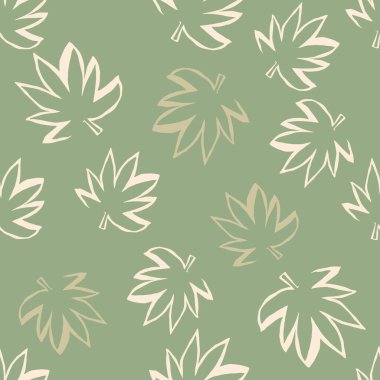 Marihuana ana ana hatları, kusursuz siluet deseni. Bej ve açık renkli yeşil arkaplan. Kumaş tasarımı için dekoratif zemin, tekstil baskısı, ambalaj, kapak. Vektör illüstrasyonu.