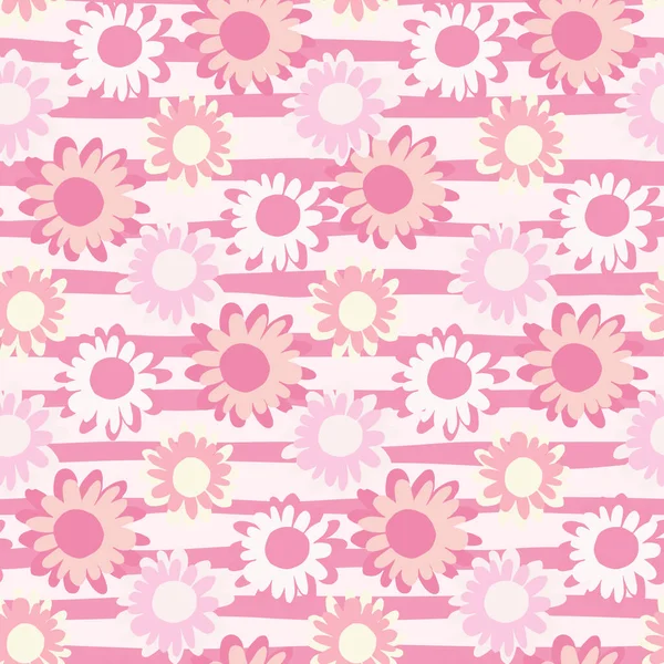Bright Summer Seamless Design Flowers Pink Daisies White Background Strips — Stock Vector