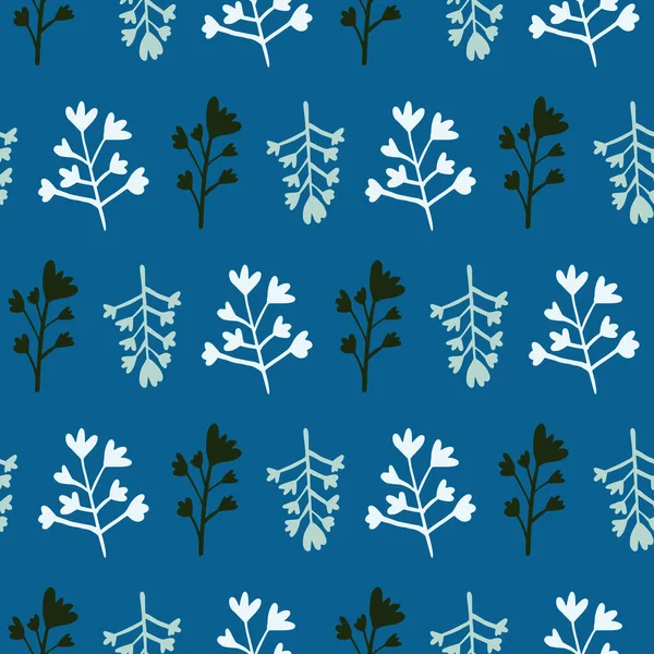 Nahtloses Blumenmuster Mit Zweigsilhouetten Schwarzen Und Weißen Farben Marineblauer Hintergrund — Stockvektor