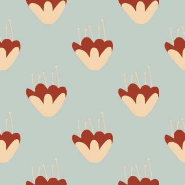 Basit çiçekler, minimalist desenler. Mavi arka planda bej ve kırmızı renkte botanik elementleri. Ambalaj kağıdı, tekstil, kumaş baskısı ve duvar kağıdı için harika. Vektör illüstrasyonu.