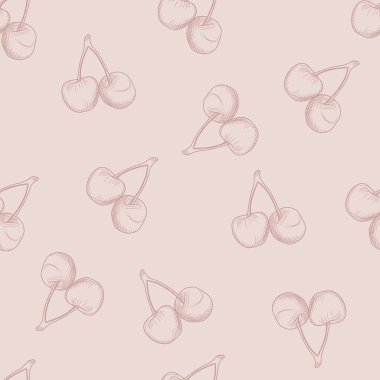 Rastgele, dikişsiz desenli, ana hatlı kiraz süslemeli. Pastel pembe tonlar tasarımı. Yemek arkaplanı. Tekstil, ambalaj kağıdı, duvar kağıdı, kumaş baskısı için iyi. Vektör illüstrasyonu.