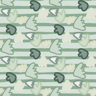 Çiçek şekilli soluk, pürüzsüz bir desen. Arkaplanda şeritli yeşil ve gri renkli çiçek süsü var. Ambalaj kağıdı, tekstil, kumaş baskısı ve duvar kağıdı için harika. Vektör illüstrasyonu.