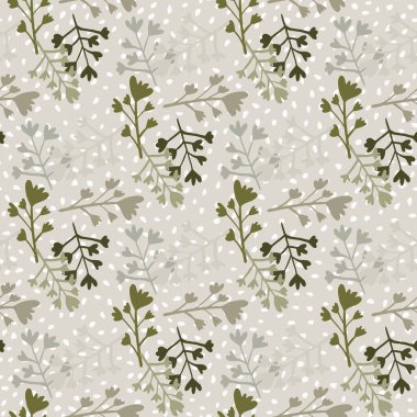 Dal siluetleriyle soluk tonlarda kusursuz çiçek desenleri. Noktalı gri arkaplan. Kahverengi ve koyu renkli botanik süsü. Ambalaj kağıdı, tekstil, kumaş baskısı ve duvar kağıdı için. Vektör