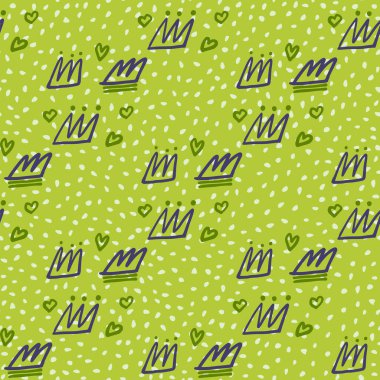 Donanma mavisi kaplamalı ve beyaz kalpli, kusursuz desenli. Noktalı yeşil parlak bir arka plan. Duvar kağıdı, ambalaj kağıdı, tekstil baskısı, kumaş için mükemmel. Vektör illüstrasyonu.