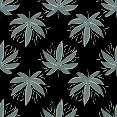Kenevir yapraklı, koyu renkli, pürüzsüz desen. Siyah arka planda gri marihuana elementleri. Duvar kağıdı, ambalaj kağıdı, tekstil baskısı, kumaş için dekoratif zemin. Vektör illüstrasyonu.