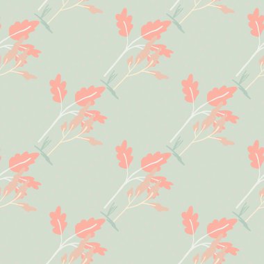 Yaprak dalları, siluetler, kusursuz desenler. Pastel gri arka planda pembe botanik süsü. Minimalist tasarım. Duvar kağıdı, ambalaj kağıdı, tekstil baskısı, kumaş için mükemmel. Vektör illüstrasyonu.