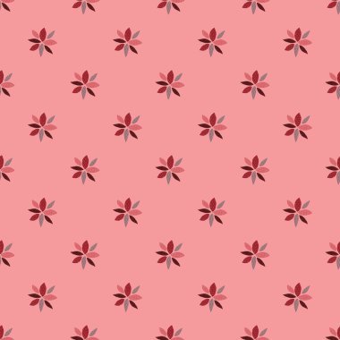 Geometrik çiçekli kusursuz desen. Mini elementler pembe ve kırmızı tonlarda. Çiçek duvar kağıdı. Ambalaj kağıdı, tekstil, kumaş baskıları için kullanılabilir. Vektör illüstrasyonu.