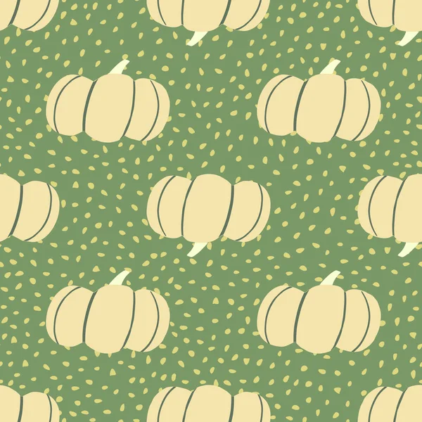 秋の食品カボチャのドアのシームレスなパターン 緑の背景にドットと軽い野菜の要素 包装紙 生地の印刷や壁紙のための素晴らしい ベクターイラスト — ストックベクタ