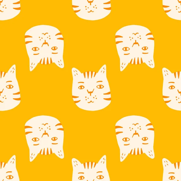 对比明亮无缝的猫图案 明亮的黄色背景 白色脸蛋 动物元素 包装纸 纺织品印花 织物装饰背景 矢量说明 — 图库矢量图片
