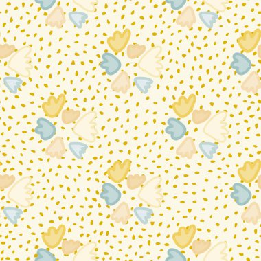 Geometrik çiçek şekilli güneşli, dikişsiz botanik deseni. Noktalı hafif arkaplan. Sarı, mavi ve turuncu elementler. Ambalaj kağıdı, tekstil, kumaş baskısı ve duvar kağıdı için harika. Vektör