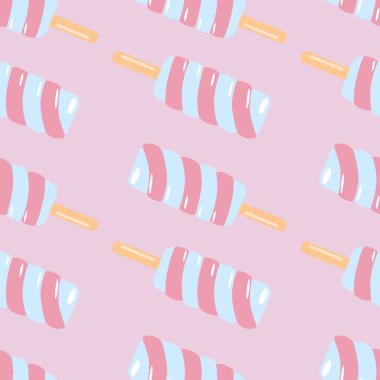 Dondurmalı, pırıl pırıl, pırıl yiyecekler. Pastel pembe arka plan. Vektör çizimi. Duvar kağıdı, tekstil, ambalaj kağıdı, kumaş baskısı için tasarlandı..