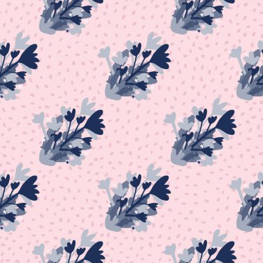 Mavi çiçekli parlak yay deseni. Noktalı pembe arka plan. Basit bir çiçek arkaplanı. Ambalaj kağıdı, tekstil, kumaş baskısı ve duvar kağıdı için harika. Vektör illüstrasyonu.