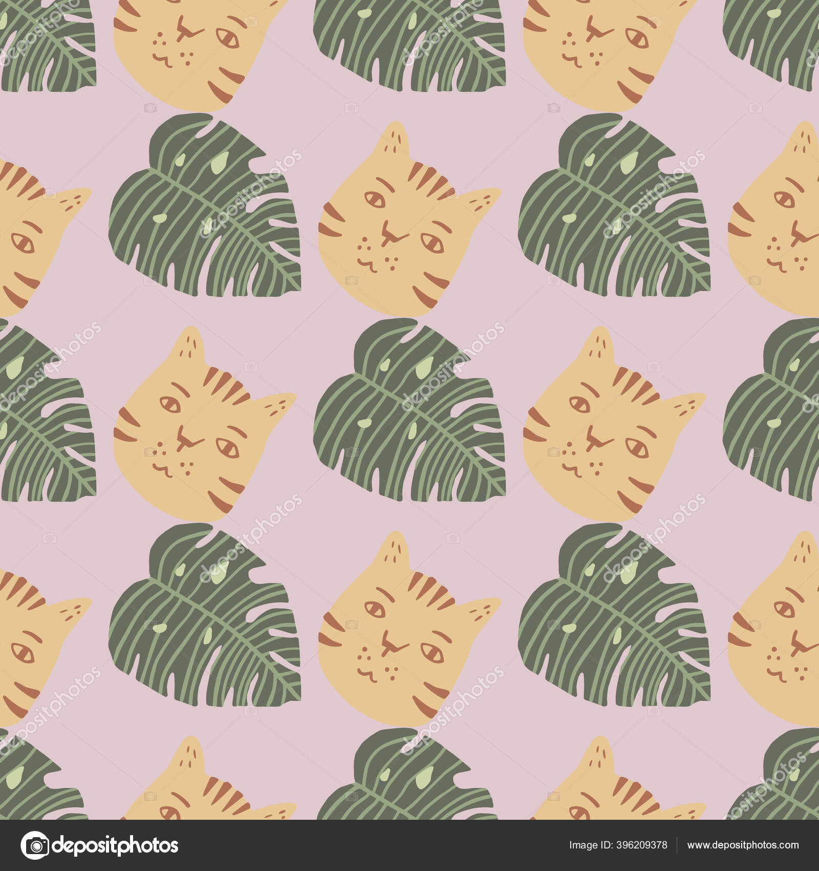 Pola Mulus Dengan Kucing Dan Daun Monstera Seni Nada Pastel Stok Vektor C Yellowsdesign 396209378