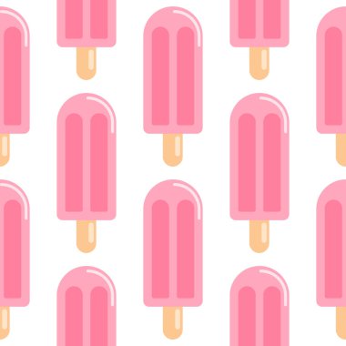 İzole meyve buzu, dikişsiz desen. Beyaz arka planda parlak pembe renkli besinler. Duvar kağıdı, tekstil, ambalaj kağıdı ve kumaş baskısı için tasarlanmış. Vektör illüstrasyonu.